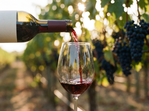 Red wine being poured into a glass in a sunlit vineyard, ripe grape clusters on the vine behind.